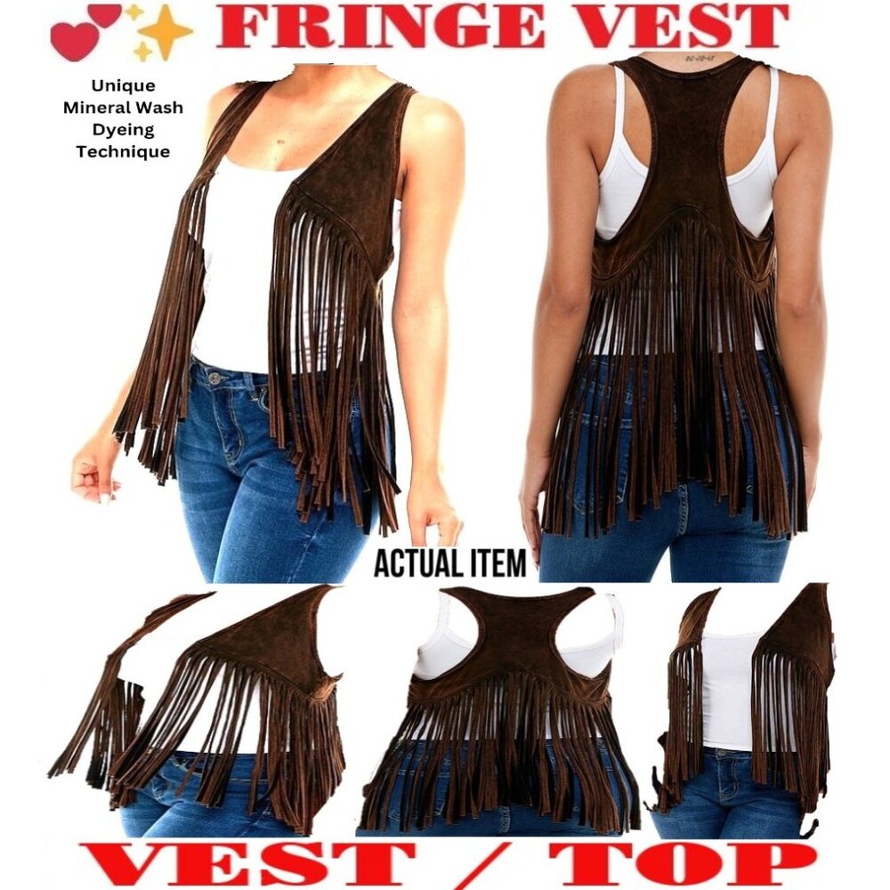 🛑 BULLY Dangling➕ FRINGE 🆒 VEST Mineral Wash TOP Boho Western JACKET💸BUYNOW‼️